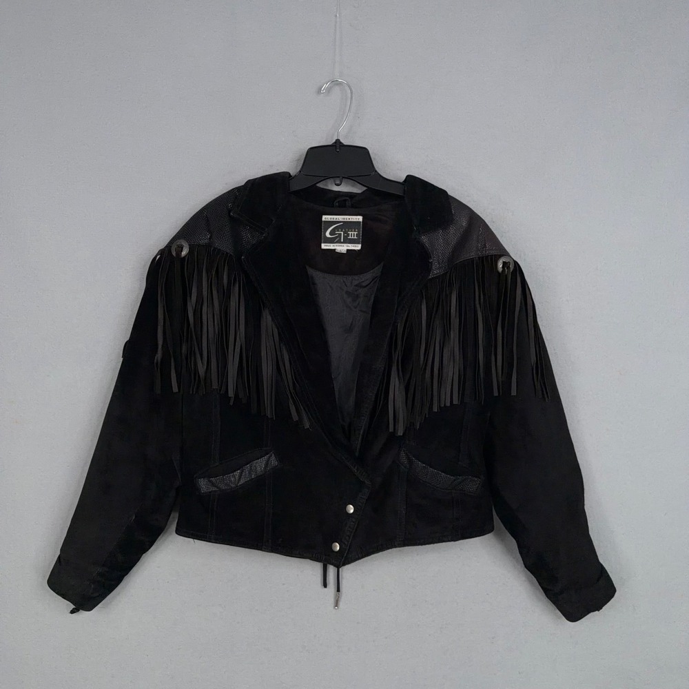 Global Identity G-III Leather Jacket Womens Large Black Fringe Western Biker